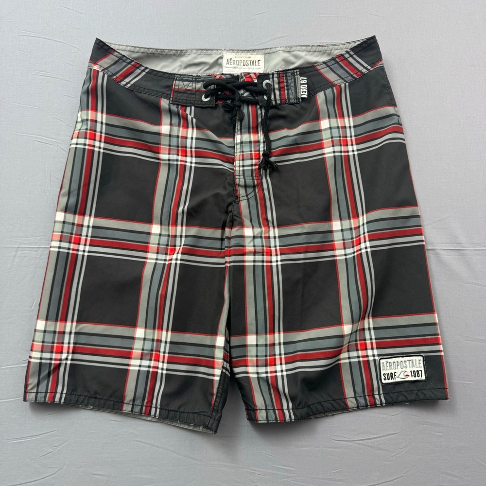 Aeropostale‎ Mens Plaid Board Shorts Black Red Surf 1987 Swim Trunks Size 34